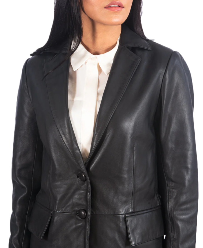Women Leather Black Blazer Closeup