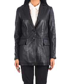 Women Leather Black Blazer Front