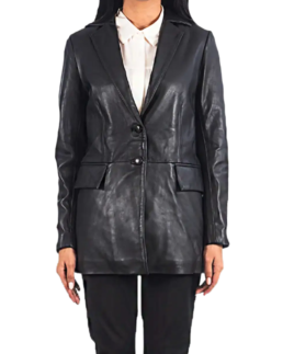 Women Leather Black Blazer Front