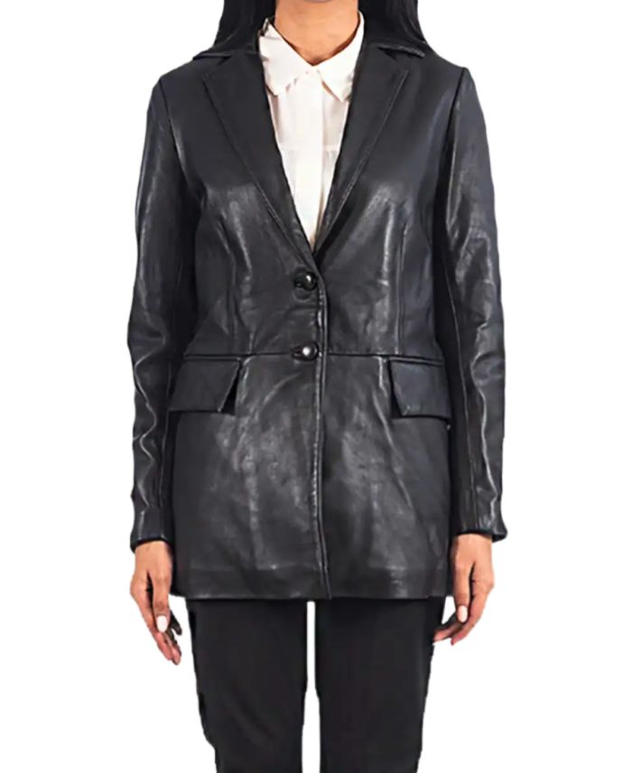 Women Leather Black Blazer Front