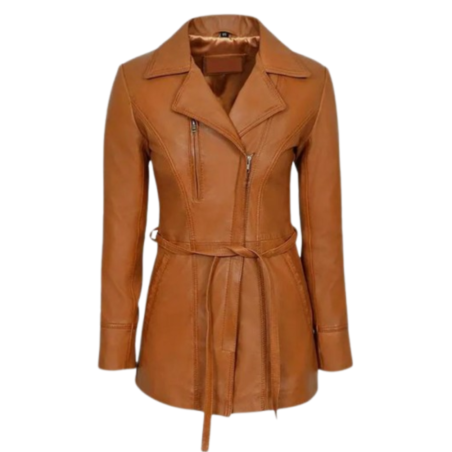 Women Tan Brown Leather Trench Coat