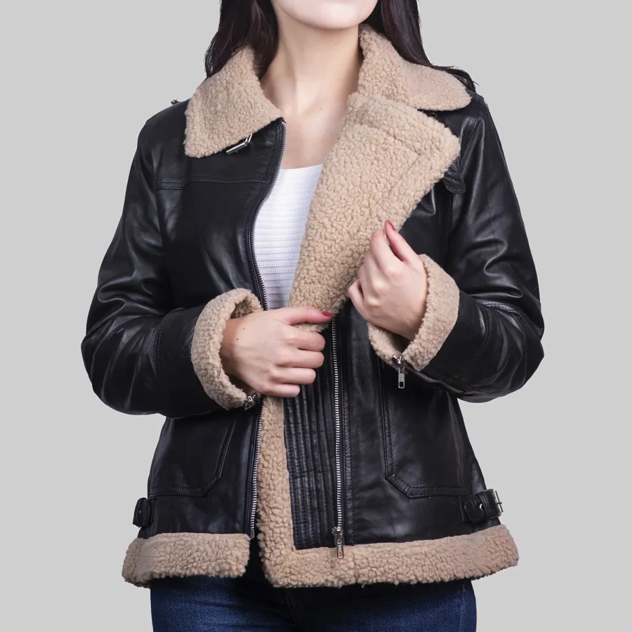 Women’s Black Leather Faux Shearling Jacket