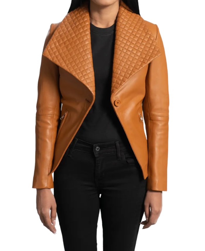 Women’s Camel Brown Leather Blazer Front