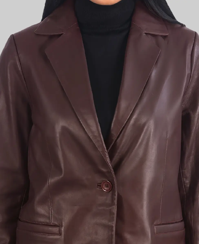 Women’s Maroon Leather Blazer Closeup