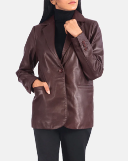Women’s Maroon Leather Blazer Front