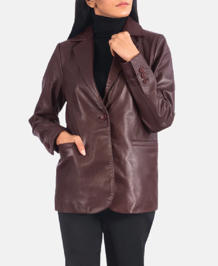Women’s Maroon Leather Blazer Front