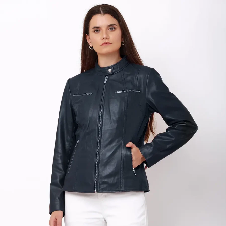 Women's Navy Racer Leather Jacket