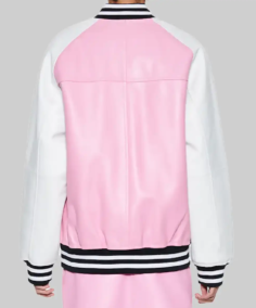 Women’s Pink and White Leather Varsity Jacket Back