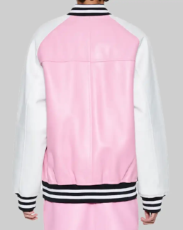 Women’s Pink and White Leather Varsity Jacket Back