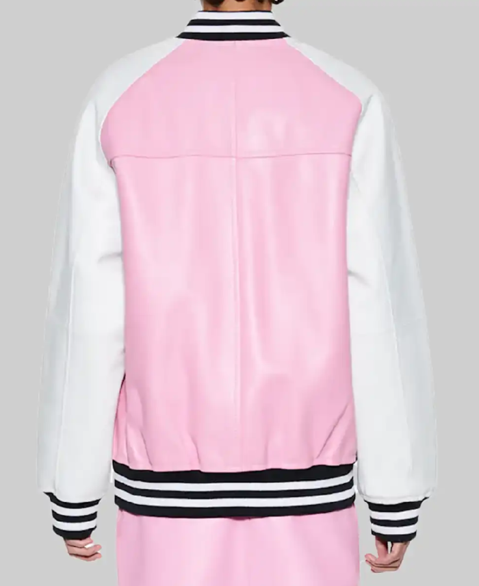 Women’s Pink and White Leather Varsity Jacket Back