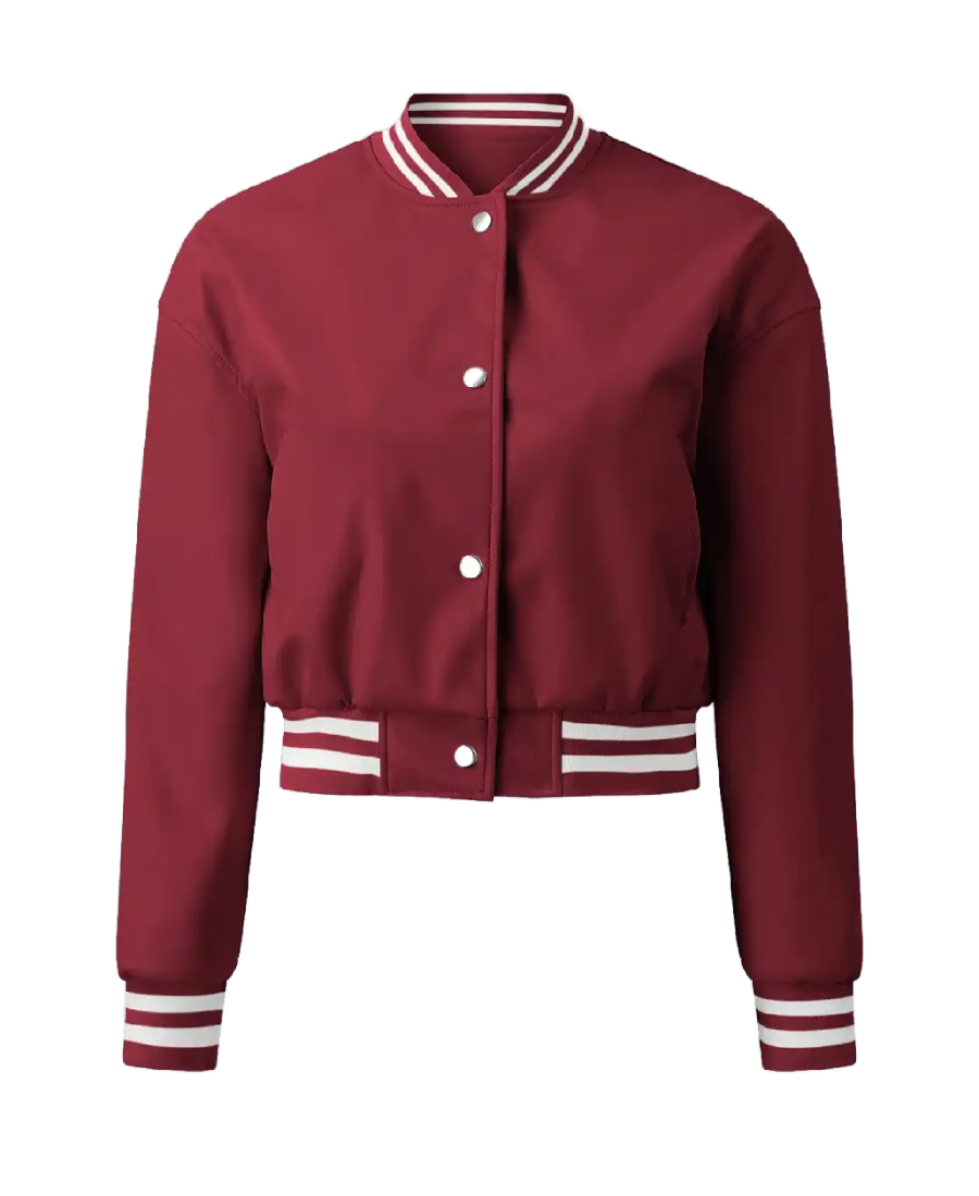 Women’s Plain Burgundy Leather Varsity Jacket Front Women’s Plain Burgundy Leather Varsity Jacket Front