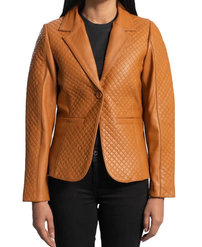 Women’s Quilted Camel Brown Leather Blazer