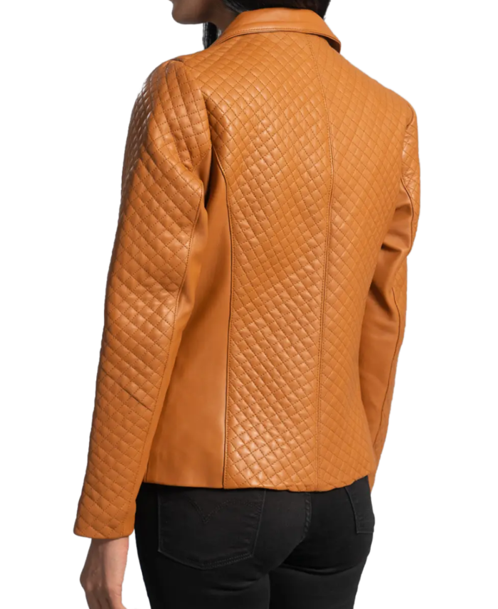 Women’s Quilted Camel Brown Leather Blazer Back
