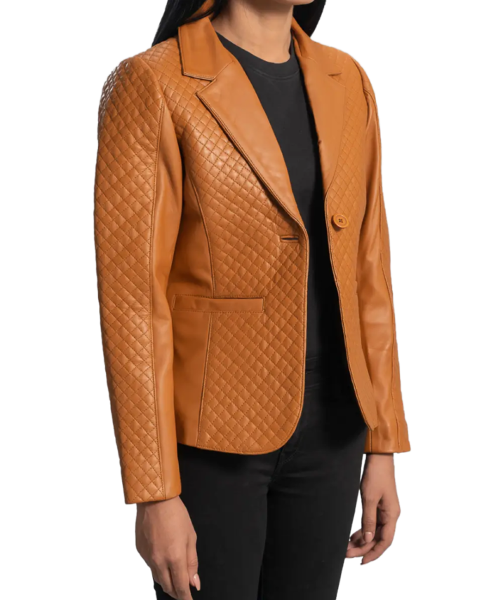Women’s Quilted Camel Brown Leather Blazer Side