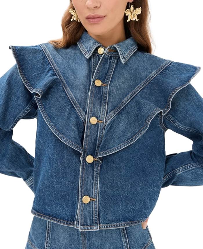 Women's Ruffle-Detail Denim Shirt Jacket Closeup