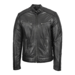 Men Black Cafe Racer Biker Leather Jacket