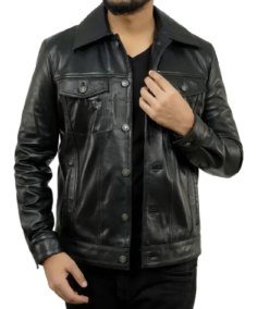 Holland Black Trucker Leather Jacket