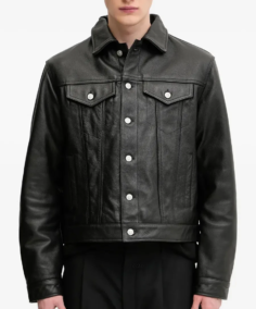 Men’s Button-Fastening Leather Jacket Front