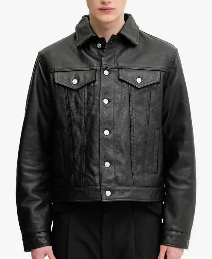 Men’s Button-Fastening Leather Jacket Front