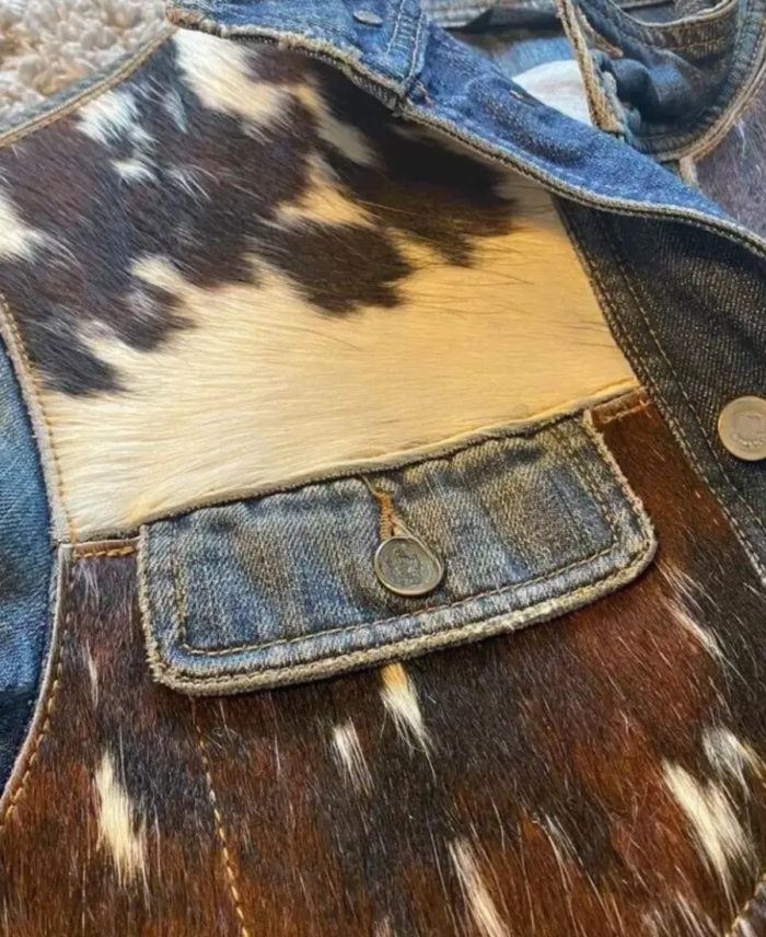 Men's Cowhide Western Cowboy Denim Jacket Closeup