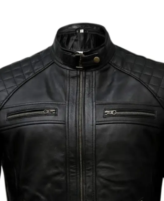 Men’s Motorcycle Casual Black Leather Jacket Collar