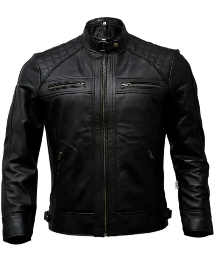 Men’s Motorcycle Casual Black Leather Jacket Front