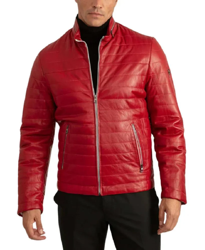 Men's Red Lambskin Puffer Jacket Front View