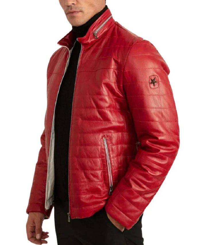 Men's Red Lambskin Puffer Jacket Side