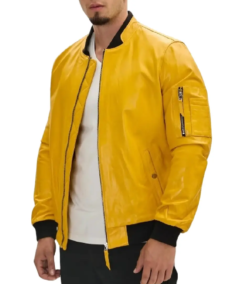 Men's Yellow Lambskin Leather Bomber Jacket Side - Trendy Leather Jackets