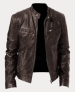 Biker Casual Zipper Leather Jacket Brown