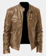 Biker Casual Zipper Leather Jacket Khaki