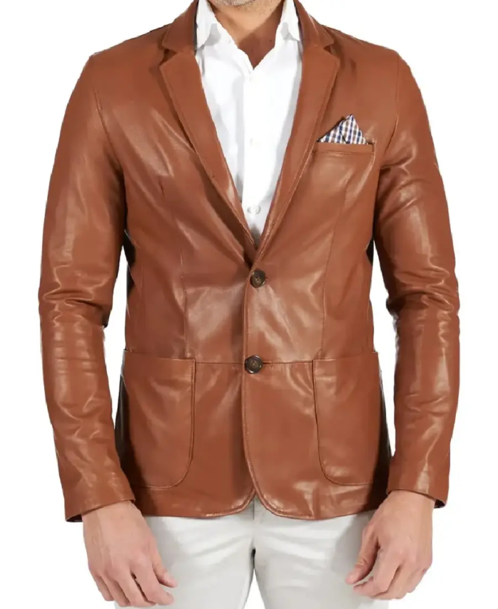 Mens Two Button Brown Natural Leather Blazer