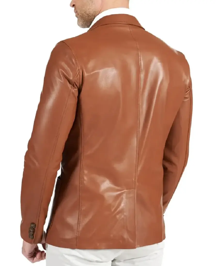 Mens Two Button Brown Natural Leather Blazer Closeup