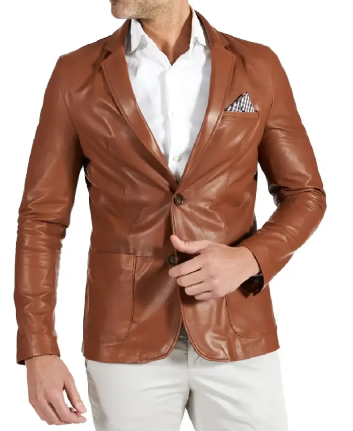 Mens Two Button Brown Natural Leather Blazer Front View