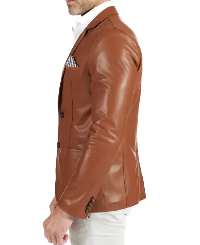 Mens Two Button Brown Natural Leather Blazer Side