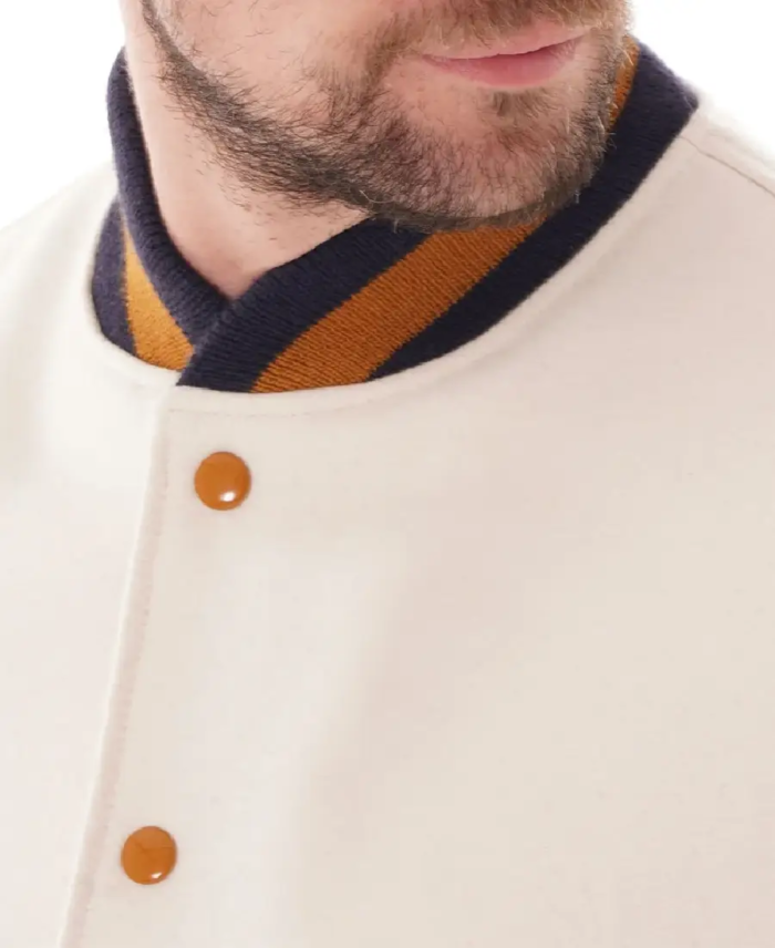 Off White And Purple Varsity Jacket Closeup