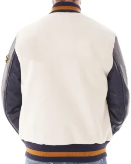 Shop The Off White And Purple Varsity Jacket