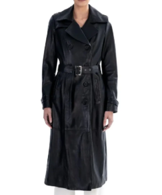 Women Black Spring Belted Leather Trench Coat