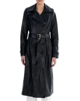 Women Black Spring Belted Leather Trench Coat