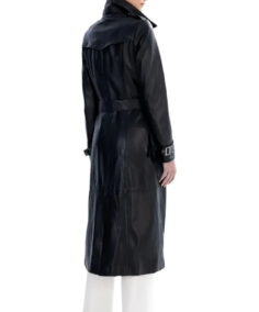 Women Black Spring Belted Leather Trench Coat Back