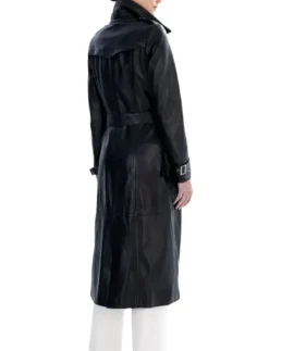 Women Black Spring Belted Leather Trench Coat Back