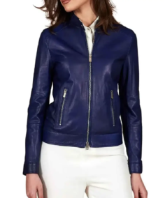 Women's Blue Cafe Racer Leather Jacket