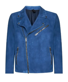 Men Blue Suede Leather Biker Jacket