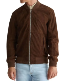 Men Dark Brown Suede Leather Bomber Jacket
