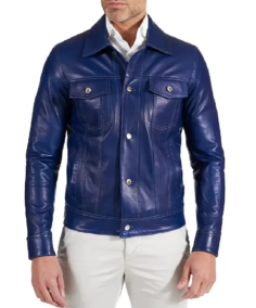 Men Shirt Style Blue Real Lambskin Leather Jacket