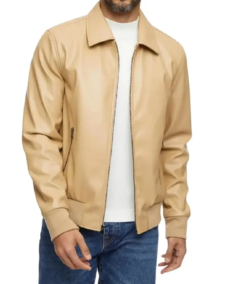 Men’s Beige Bomber Leather Jacket
