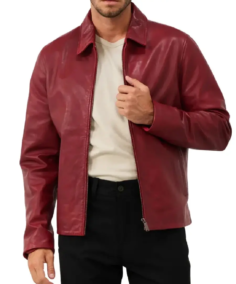 Men's Red Shirt Collar Leather Biker Jacket