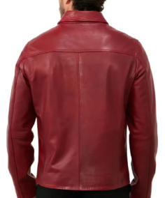 Men's Red Shirt Collar Leather Biker Jacket Back