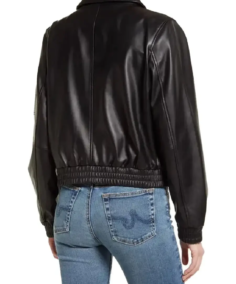 Shop The Women Black Leather Bomber Jacket