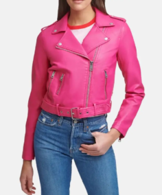 Women Asymmetrical Hot Pink Leather Biker Jacket